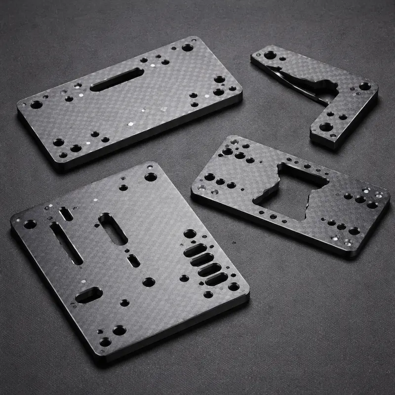 碳纤维板 CNC 加工样件：轻量化复合材料板材，可用于结构件与外观面板；支持封边、喷清漆与镭雕