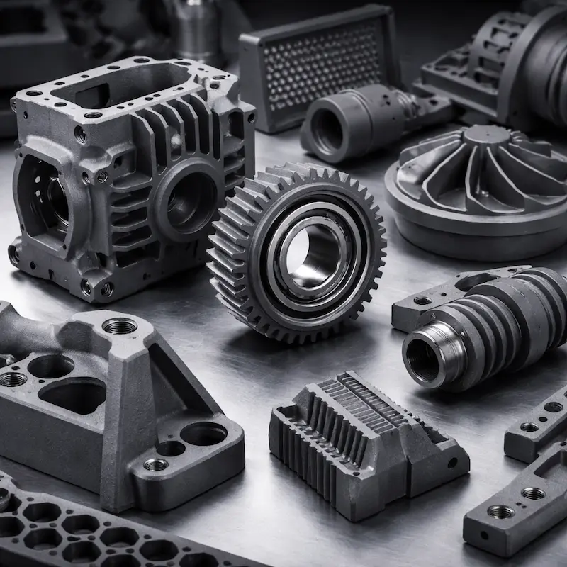 HP MJF 玻纤增强尼龙灰色样件：高刚性、尺寸稳定，适合承力结构件与装配定位件，可选喷砂、喷漆与镶牙套（螺纹嵌件）