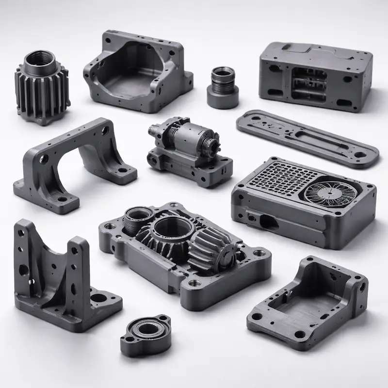 HP MJF 惠普尼龙灰色样件：批量一致性与尺寸稳定更好，适合中小批量功能件与装配定位件，可选喷砂、喷漆与镶牙套（螺纹嵌件）