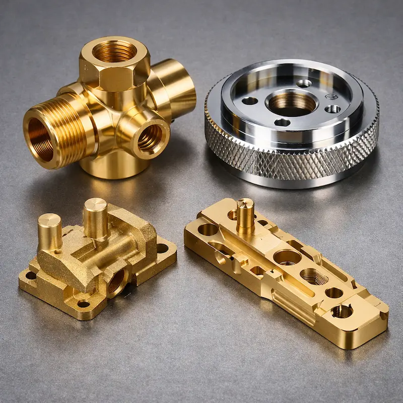 铅黄铜HPb59-1 CNC加工样件：铜合金结构件与终端件常用，可做抛光、喷砂、电镀（镍/铬/金）与镭雕